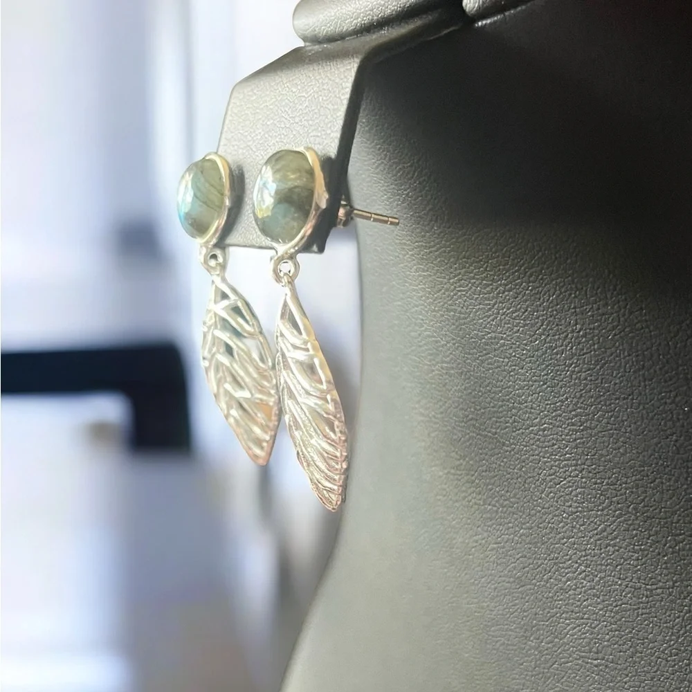 Labradorite Silver Leaf Earrings - Picture 3 of 4